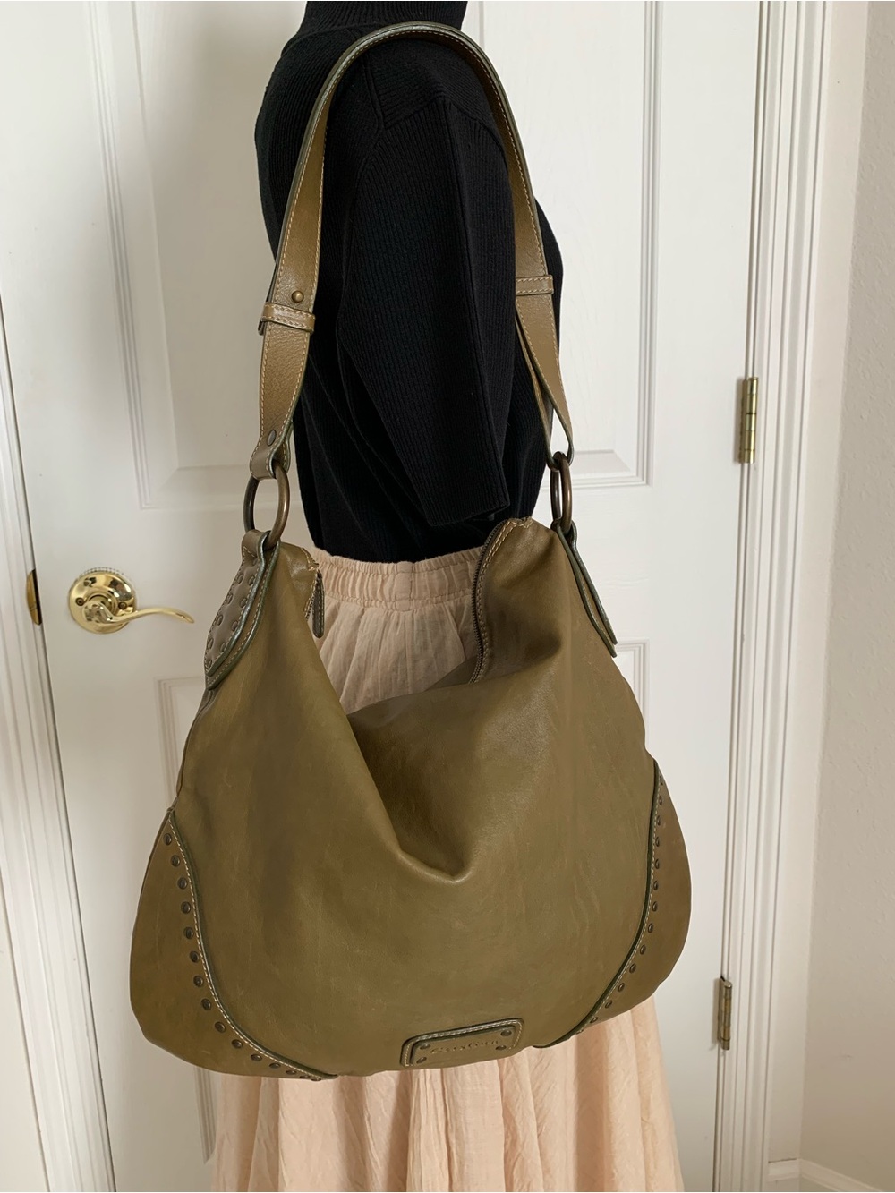 Y2K Olive Green Leather Cristian Shoulder Bag Studded
